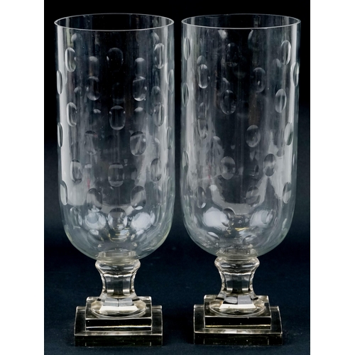 2230 - Pair of Regency style celery glass vases on square stepped bases, 40cm high