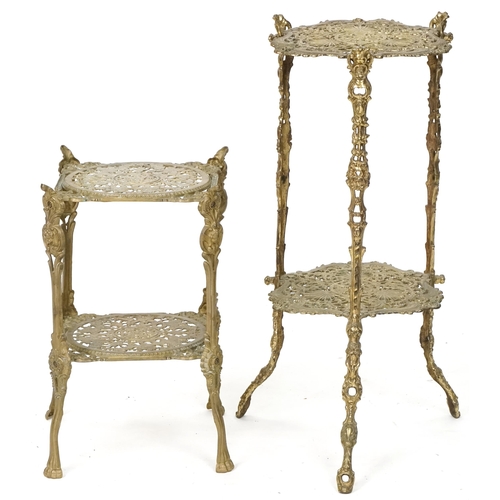 771 - Two Victorian style ornate brass two tier plant stands, the largest 66cm high