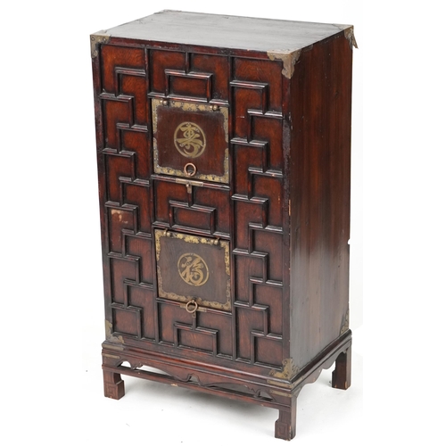 701 - Chinese softwood side cabinet, 20th century with geometric design, 102cm H x 58cm W x 39cm D