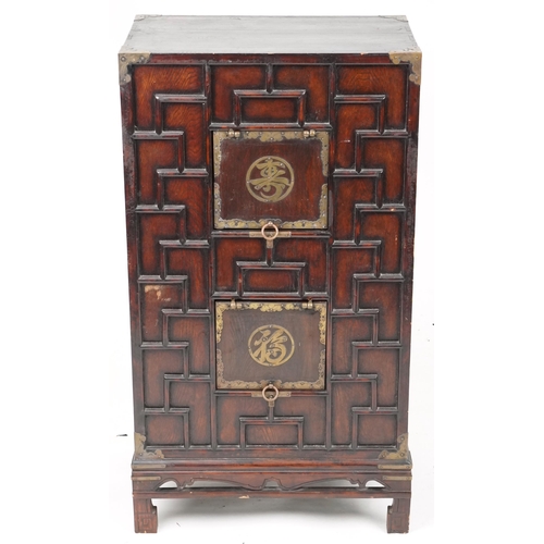 701 - Chinese softwood side cabinet, 20th century with geometric design, 102cm H x 58cm W x 39cm D