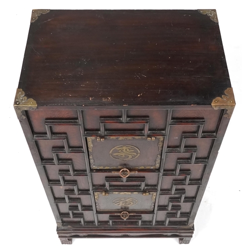 701 - Chinese softwood side cabinet, 20th century with geometric design, 102cm H x 58cm W x 39cm D