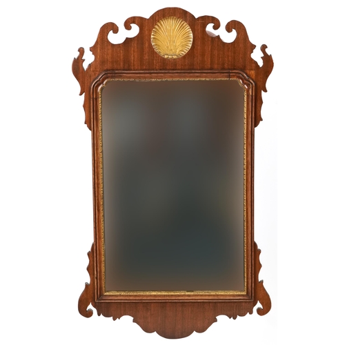 743 - Late 20th century mahogany fretwork wall mirror with inner gilt slip, 70cm x 40cm