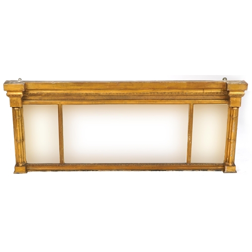 728 - Early 19th century giltwood overmantle mirror with three section bevelled glass back, 133cm x 53cm