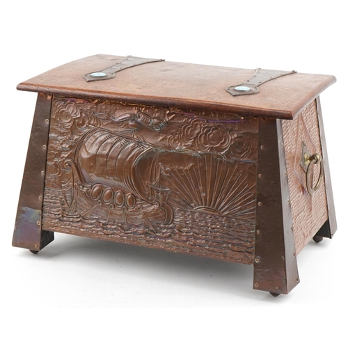 249 - Arts & Crafts oak and copper coal box decorated with a galleon in full sail, sunrise and inset with ... 