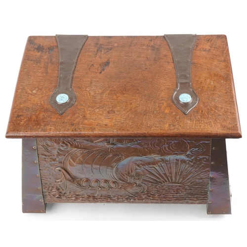 249 - Arts & Crafts oak and copper coal box decorated with a galleon in full sail, sunrise and inset with ... 