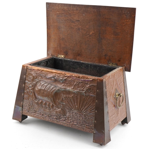 249 - Arts & Crafts oak and copper coal box decorated with a galleon in full sail, sunrise and inset with ... 