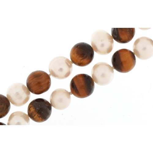 3379 - Freshwater pearl and tiger's eye bead necklace, 124cm in length, 118.5g