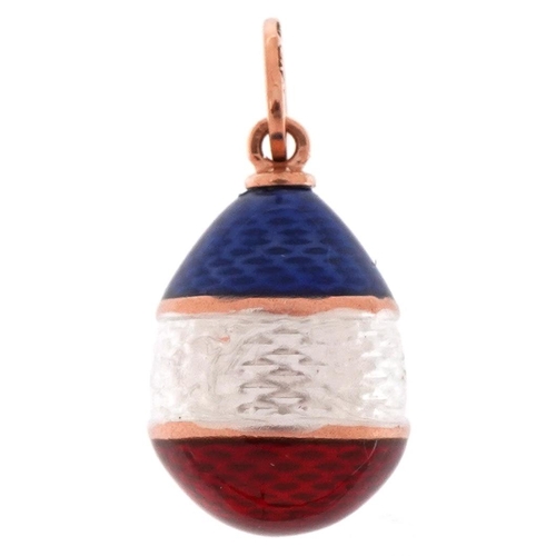 3168 - 14ct gold egg pendant with red, white and blue guilloche enamel, impressed Russian marks, 2.5cm high... 