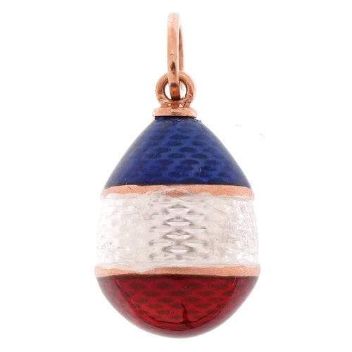 3168 - 14ct gold egg pendant with red, white and blue guilloche enamel, impressed Russian marks, 2.5cm high... 