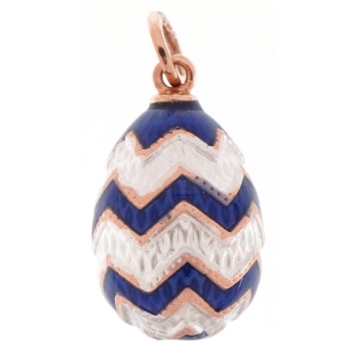 3140 - 14ct gold egg pendant with blue and white guilloche enamel, impressed Russian marks, 2.5cm high, 2.5... 