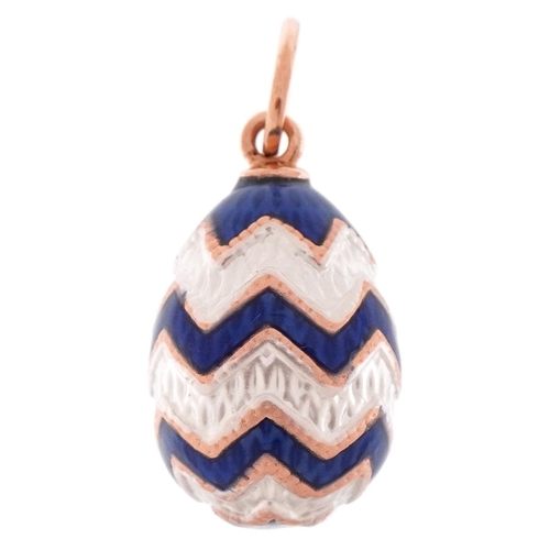 3140 - 14ct gold egg pendant with blue and white guilloche enamel, impressed Russian marks, 2.5cm high, 2.5... 