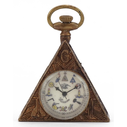 3529 - Masonic interest gilt metal triangular pocket watch, 6cm high