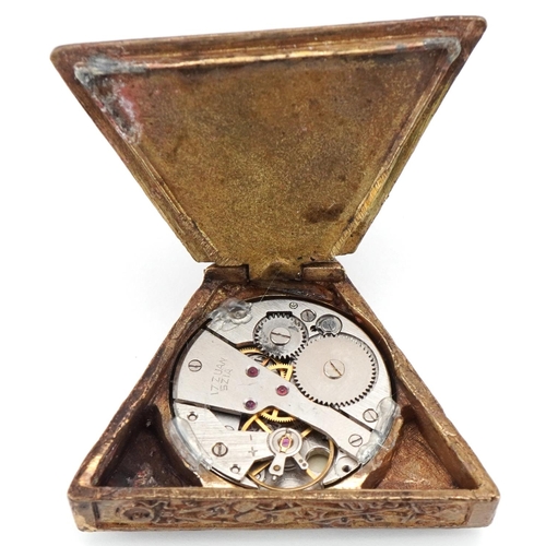 3529 - Masonic interest gilt metal triangular pocket watch, 6cm high