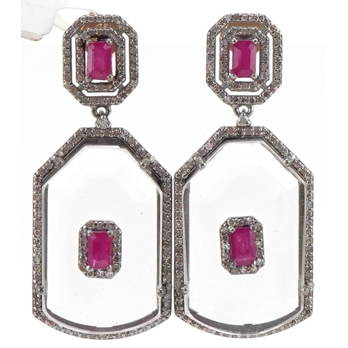 3009 - Pair of Art Deco style 14ct gold crystal drop earrings set with rubies and diamonds, 4.2cm high, tot... 