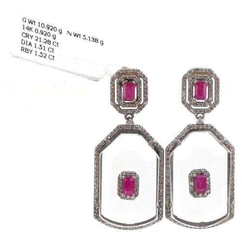 3009 - Pair of Art Deco style 14ct gold crystal drop earrings set with rubies and diamonds, 4.2cm high, tot... 