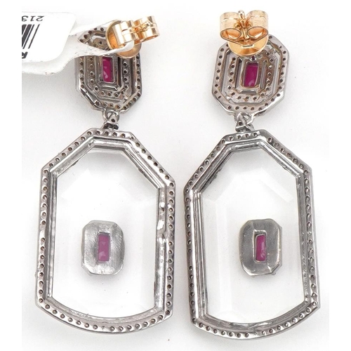 3009 - Pair of Art Deco style 14ct gold crystal drop earrings set with rubies and diamonds, 4.2cm high, tot... 