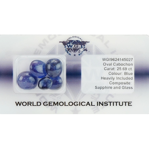 3400 - Five sapphire and glass cabochons with certificate, total weight approximately 25.69 carat