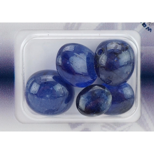 3400 - Five sapphire and glass cabochons with certificate, total weight approximately 25.69 carat