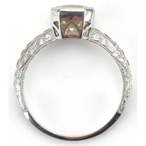 3354 - Art Deco style platinum ring with certificate, set with an octagonal Sri Lankan yellow sapphire and ... 