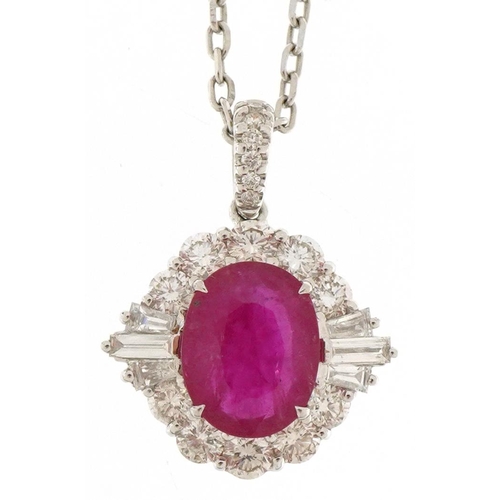 3238 - Art Deco style 18ct white gold ruby and diamond cluster pendant on an 18ct white gold necklace, tota... 