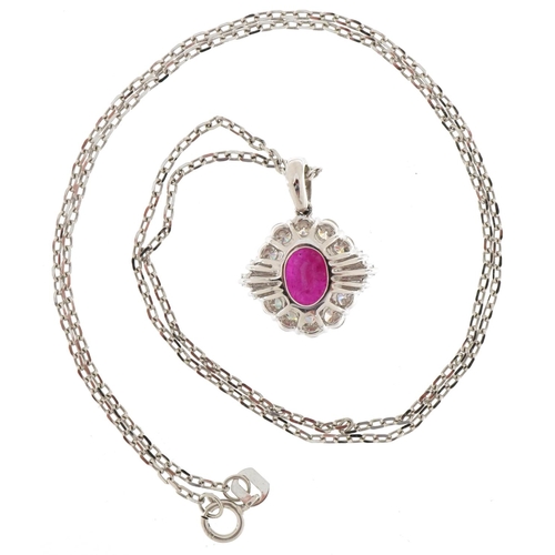 3238 - Art Deco style 18ct white gold ruby and diamond cluster pendant on an 18ct white gold necklace, tota... 