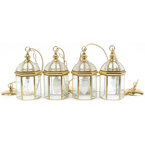 755 - Set of four brass hanging lantern light pennants with bevelled glass panels, each 32cm high excludin... 