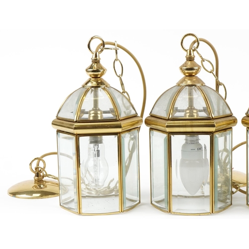 755 - Set of four brass hanging lantern light pennants with bevelled glass panels, each 32cm high excludin... 