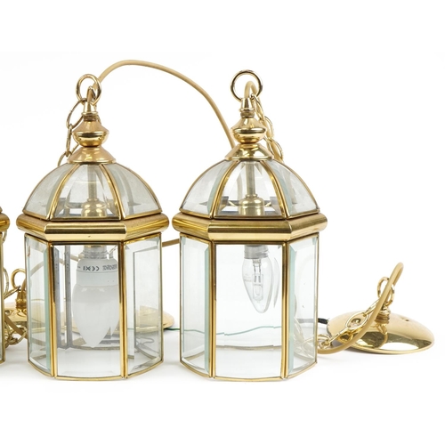 755 - Set of four brass hanging lantern light pennants with bevelled glass panels, each 32cm high excludin... 