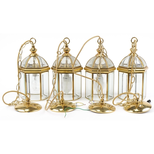 755 - Set of four brass hanging lantern light pennants with bevelled glass panels, each 32cm high excludin... 