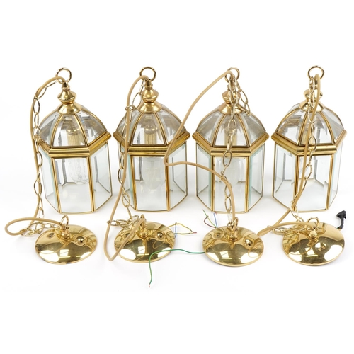 755 - Set of four brass hanging lantern light pennants with bevelled glass panels, each 32cm high excludin... 