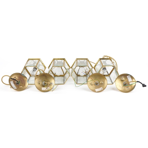 755 - Set of four brass hanging lantern light pennants with bevelled glass panels, each 32cm high excludin... 