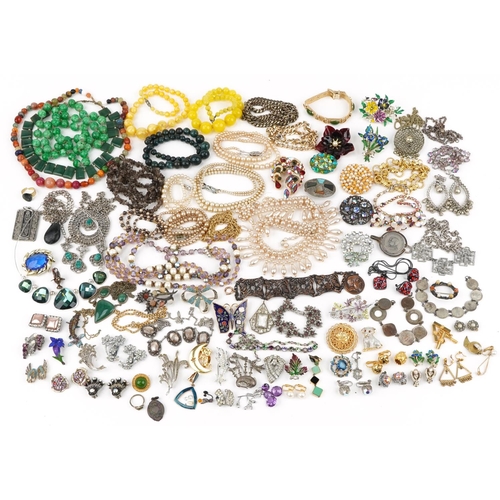 3568 - Large collection of jewellery including jewelled and enamel brooches, simulated pearl necklaces, sem... 