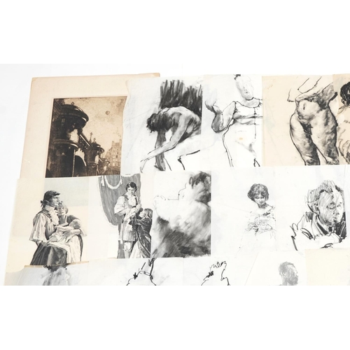 2266 - Len Thurston - Collection of charcoal on card and paper illustrations, each unframed, the largest 60... 