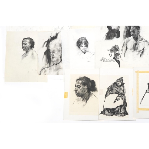 2266 - Len Thurston - Collection of charcoal on card and paper illustrations, each unframed, the largest 60... 