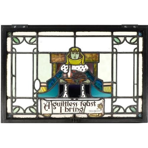 4 - Large Arts & Crafts leaded glazed window mounted in a wrought iron frame, 80cm x 60cm