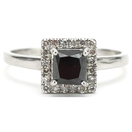 3142 - Art Deco style platinum ring with certificate, set with a square cut black diamond and round brillia... 