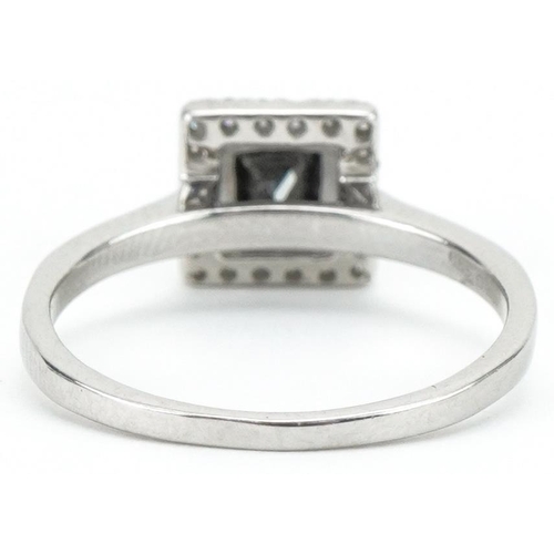 3142 - Art Deco style platinum ring with certificate, set with a square cut black diamond and round brillia... 