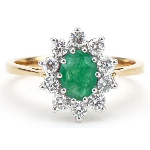 3172 - 18ct gold emerald and diamond cluster ring with certificate, total diamond weight approximately 0.53... 