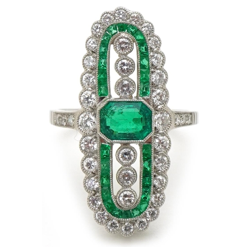 3116 - Art Deco style platinum emerald and diamond cocktail ring with certificate, total diamond weight app... 