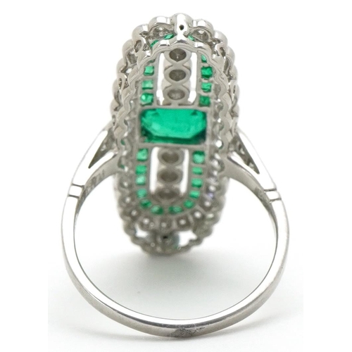 3116 - Art Deco style platinum emerald and diamond cocktail ring with certificate, total diamond weight app... 