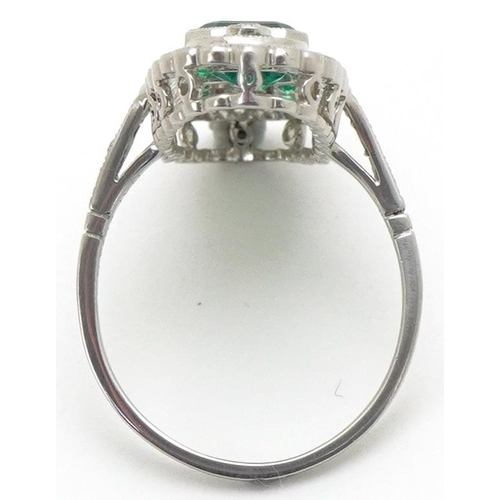 3116 - Art Deco style platinum emerald and diamond cocktail ring with certificate, total diamond weight app... 