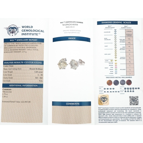 3013 - Pair of 18ct white gold round brilliant cut diamond solitaire stud earrings with certificate, total ... 