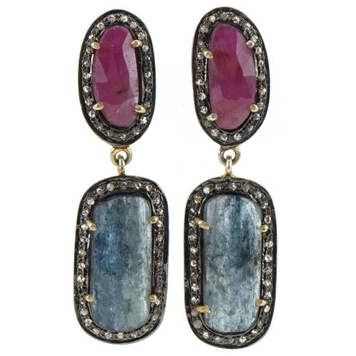 3063 - Pair of large gilt metal drop earrings set with diamonds and mixed rose cut red and blue sapphires, ... 