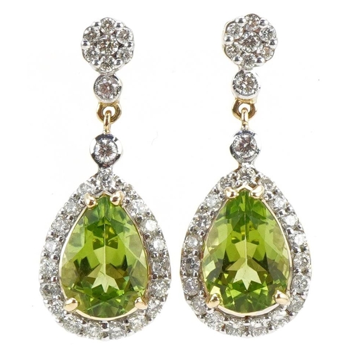 3322 - Pair of 18ct gold peridot and diamond teardrop earrings, total diamond weight approximately 0.90 car... 