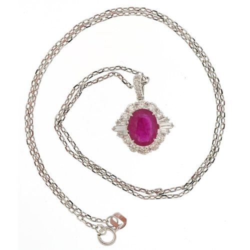 3238 - Art Deco style 18ct white gold ruby and diamond cluster pendant on an 18ct white gold necklace, tota... 