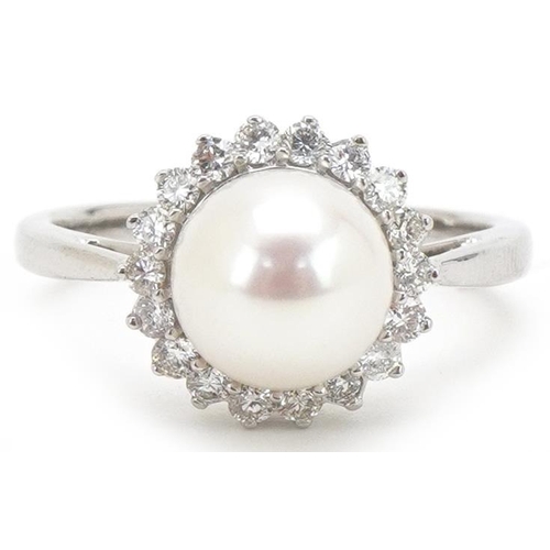 3208 - 9ct white gold cultured pearl and diamond halo ring, total diamond weight approximately 0.37 carat, ... 