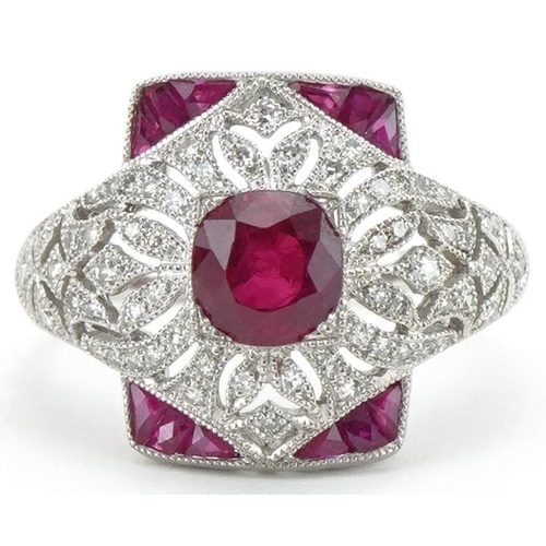 3248 - Art Deco style platinum ruby and diamond dress ring, total diamond weight approximately 0.58 carat, ... 