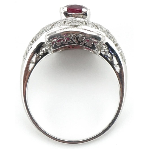 3248 - Art Deco style platinum ruby and diamond dress ring, total diamond weight approximately 0.58 carat, ... 