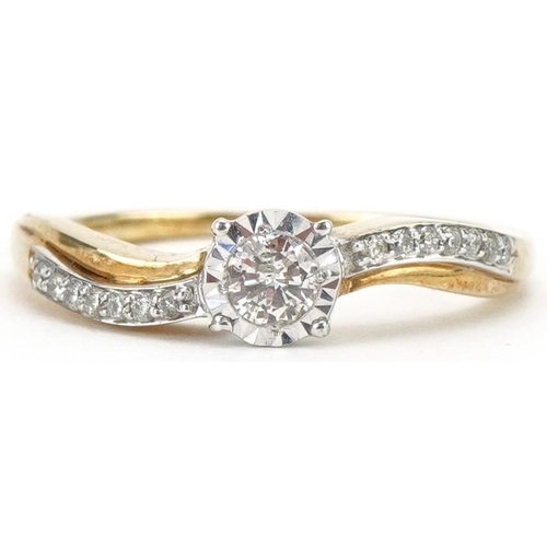 3128 - 9ct gold diamond solitaire ring with diamond set shoulders, total diamond weight approximately 0.22 ... 