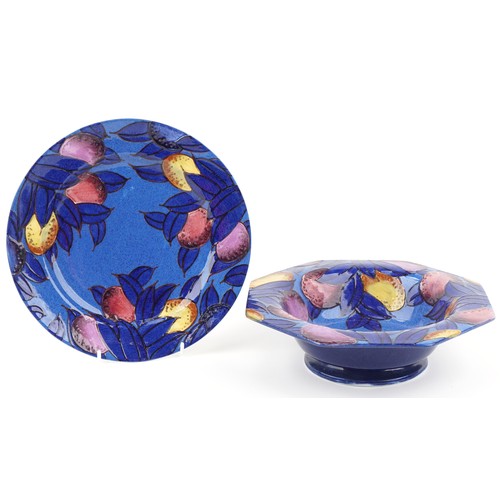 214 - Charlotte Rhead for Burleigh Ware Blue Plums floral bowl and plate, the plate 25cms in diameter